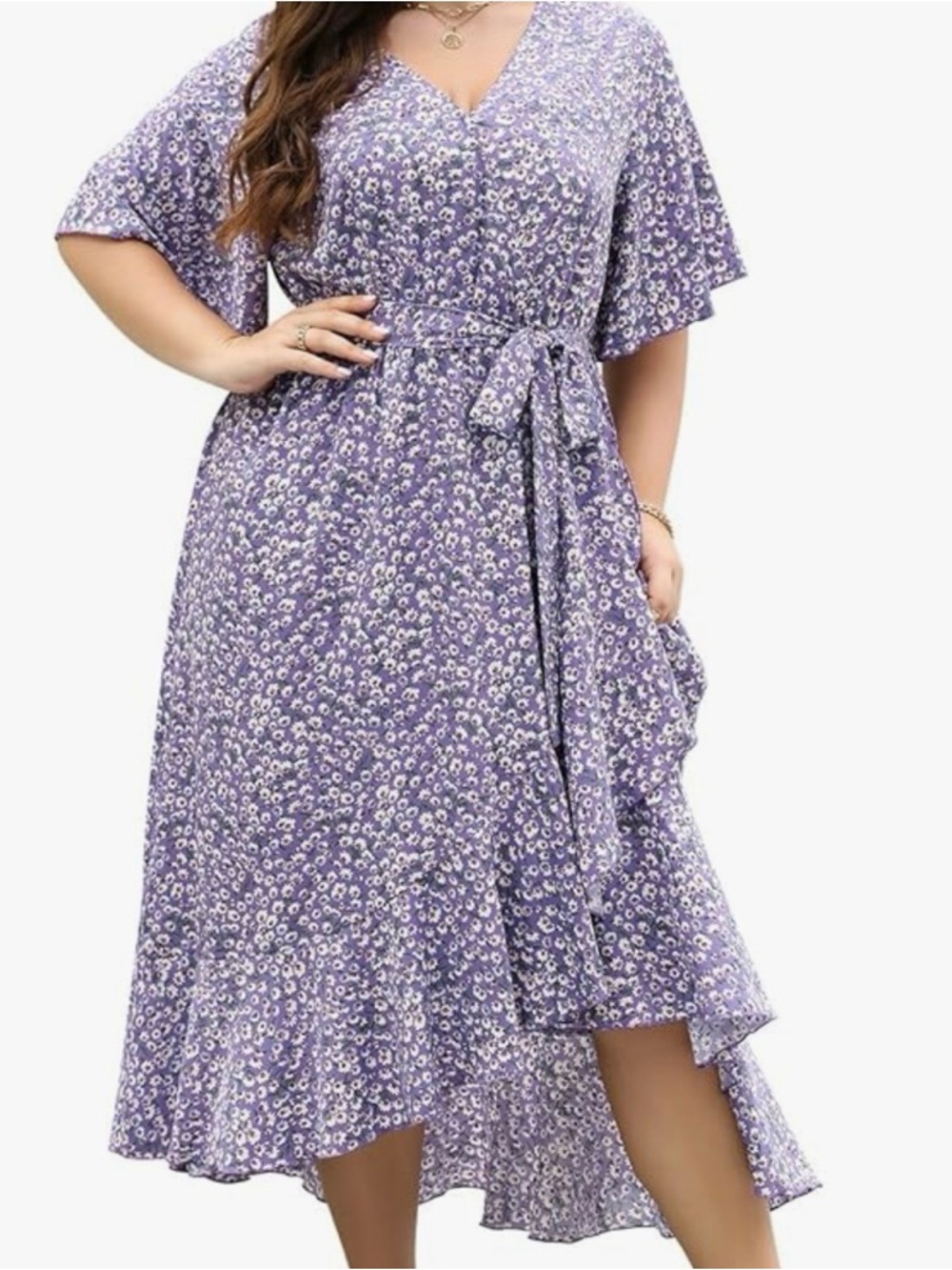 Floral Wrap Tie-Waist Midi Dress in Lilac